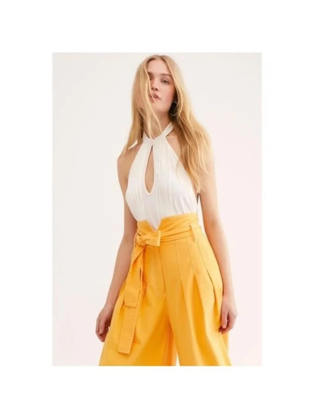 Free People Date Night Ivory Pintuck Keyhole Halter Tunic Top
